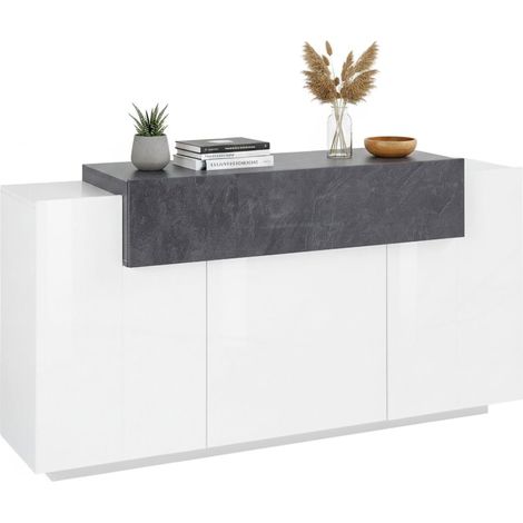 Dmora Modernes 4-türiges Sideboard mit Klappe, Made in Italy, Küchen-Sideboard, Wohnzimmer-Design-Buffet, 160x45h86 cm, Farbe Weiß glänzend und Aschgrau