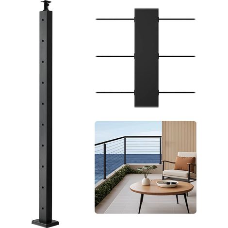 Poteau Garde Corps, 914x50,8x50,8 mm, Poteau Rampe d'Escalier à Câble, Trous Horizontaux Pré-percés, Support Horizontal et Incurvé, pour Main Courante, Balustrade, Noir, 1JZLGZXHS9148RVYS001V0 (1/5)