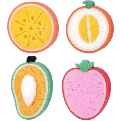 Lot de 4 éponges de bain en forme de fruits pour enfants (mangue, melon, orange et fraise).-15.00X12.00X3.00CM