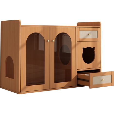 Mobile lettiera per gatti 5 in 1 con ciotole e vano riposo 120x45x83 cm noce (1/5)
