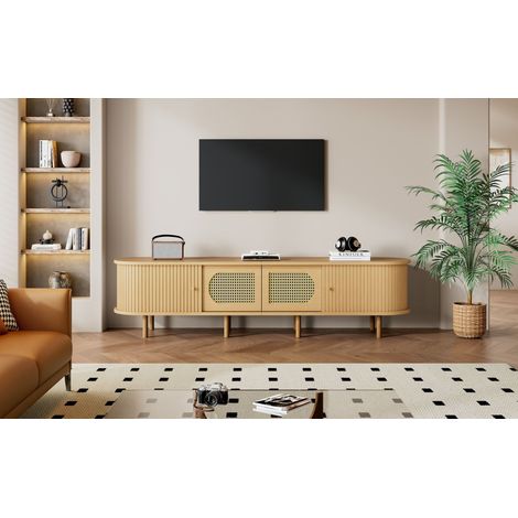 Meuble TV bois clair en MDF pour TV jusqu'à 75 pouces, avec 2 portes et 2 portes coulissantes style rotin, pour salon et séjour (1/5)