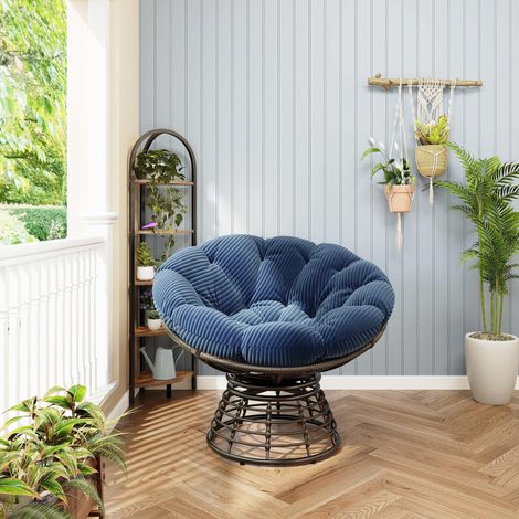 Fauteuil Papasan pivotant 360° - Chaise ronde en rotin PE avec coussin beige - Fauteuil relax en acier - Pour salon chambre terrasse