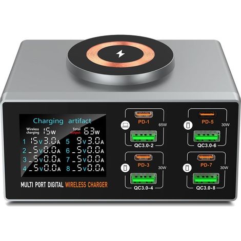 140W Chargeur Intelligent Multifonction à Absorption magnétiqEU, 8 Ports USB-C avec 65W PD3.0 QC3.0, Chargeur sans Fil, écran LCD pour MacBook, Ordinateur Portable(EU) (1/5)
