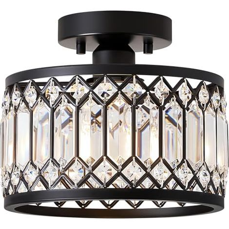 [JAMAIS UTILISÉ] Lustre en cristal, plafonnier noir avec abat-jour en cristal, douille E27, lampe moderne pour salon, chambre, cuisine, couloir, salle à manger (1 lumière) (1/5)