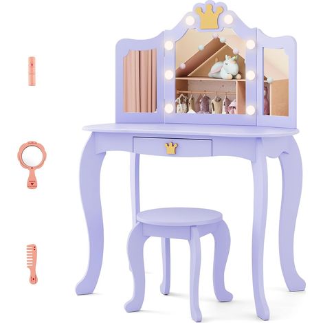 GOPLUS Coiffeuse Enfant Fille avec Miroir LED 3 Couleurs, Table de Maquillage avec Tabouret, Miroir à 3 Volets, Accessoires, 2 en 1 Bureau Coiffeuse Enfant avec Rangement (Violet) (1/5)