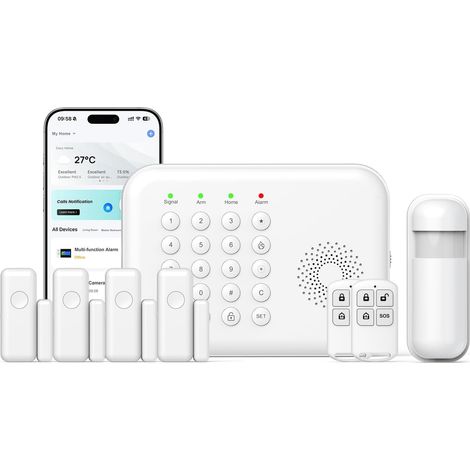 Alarme Maison sans Fil 8 pcs - système de sécurité sans Fil pour la Maison Alertes d'application Mobile, pour la Maison, Garage, RV (WiFi 2,4 GHz, Aucun Frais mensuels) (M, White-01)