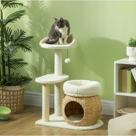 Kratzbaum für Katzen, 79 cm, mit Höhle, Liegeflächen und Bällen, Cremeweiß (1/5)