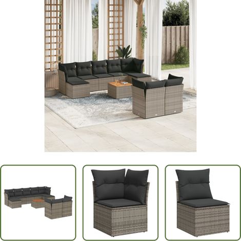 vidaXL Canapé en résine tressée - Salon de jardin avec coussins 10 pcs gris résine tressée (1/5)