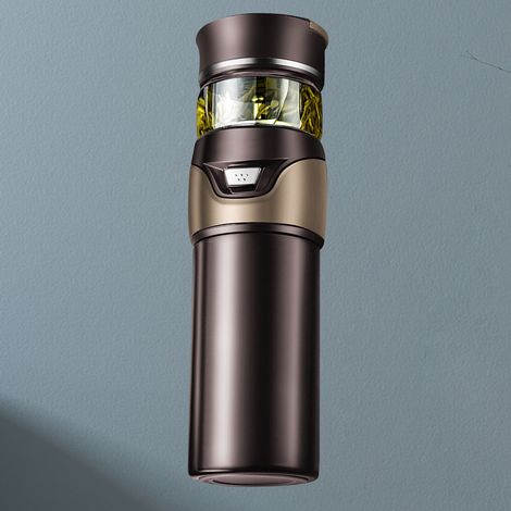 Gobelet isotherme à double paroi en acier inoxydable avec infuseur intégré, marron, idéal pour le bureau et la maison. (1/5)