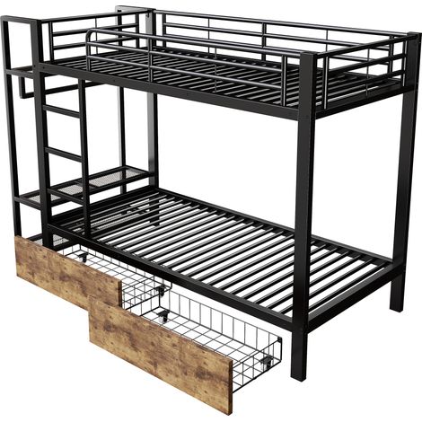 Letto a castello 90 x 200 cm in metallo e MDF, 2 cassetti, ripiani, LED, appendiabiti, nero HOMVRA (1/5)