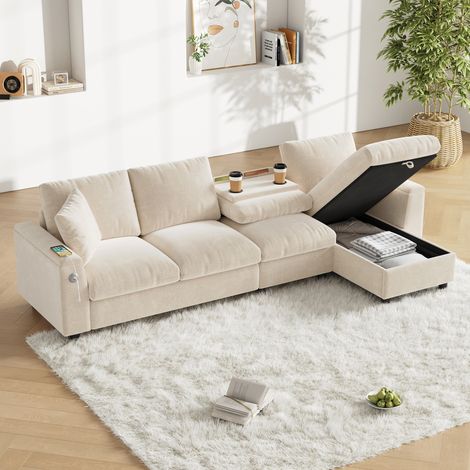 Seyakany Canapé d'angle en chenille avec 2 accoudoirs de rangement,tablette coulissante avec 2 porte-gobelets,ports USB+Type-C,canapé 4 places,beige (1/5)