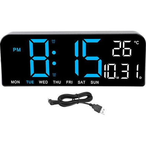 Réveil numérique grand écran LED avec horloge de bureau et murale, affichage température date jour, luminosité réglable, format 12/24H (1/5)