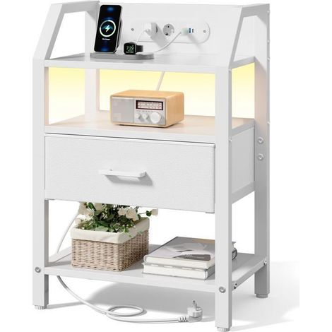 EcoFurnix Nightstands with Outlets & USB Ports, Night Table with LED, Accent Table with Fabric Drawers & 2 Shelves - White