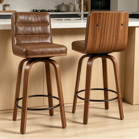 Tabouret de bar pivotant 360°, dossier ergonomique, en PU, pieds en bois courbés, marron (1/5)