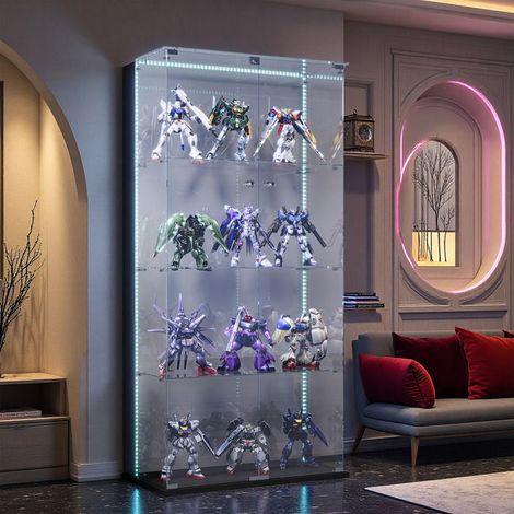 LED-Glasvitrine, Doppeltüren, 4 Regale, Präsentationsschrank für das Wohnzimmer, für Sammlungen, 163 x 78 x 35cm, Schwarz