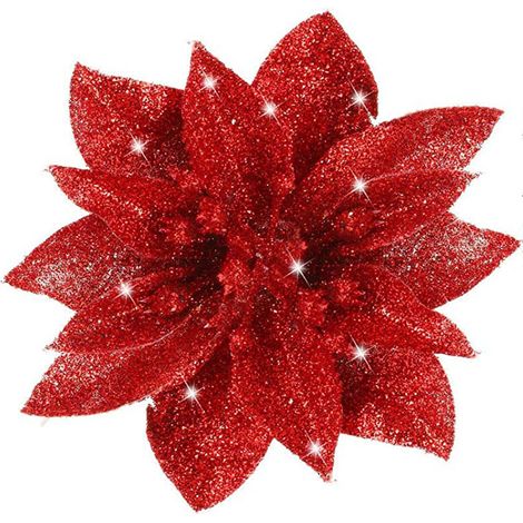 Etoile De Noel - Fleur Artificielle En Plastique - 9 Cm - Rouge Et Argent - Pour Decoration Arbre De Noel Porte Maison Guirlande - Lot De 12 (1/5)