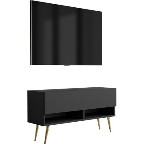 Meuble TV : Noir Mat, pieds obliques dorés, 100 × 32 × 52 cm (1/5)
