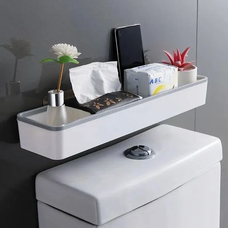 (04012300465 gris) Étagère de rangement murale pour salle de bain/toilettes, sans perçage, multifonctionnelle, à placer au-dessus des toilettes, blanche. (1/5)
