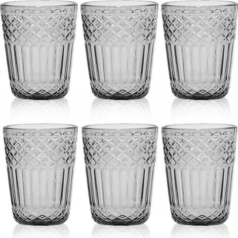Set 6 Bicchieri Acqua in Pasta di Vetro Colorato grigio Antico 30cl con Lavorazione a Rilievo e Decoro imperiale Stile Vintage per Casa e Ristorazione eleganzae particolarita' per una tavola speciale