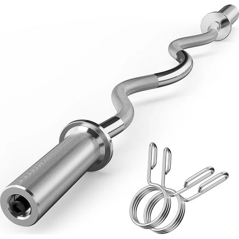 Barre d'haltère bouclée de 119,4 cm pour haltérophilie, poussées de hanches, squats, biceps, gym à domicile, barre de bouclage chromée avec 2 colliers à ressort pour disques de poids (1/5)