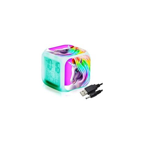 Réveil numérique licorne cube LCD LED, veilleuse brillante pour enfant et adulte – Horloge de chevet cadeau anniversaire, chambre féerique–