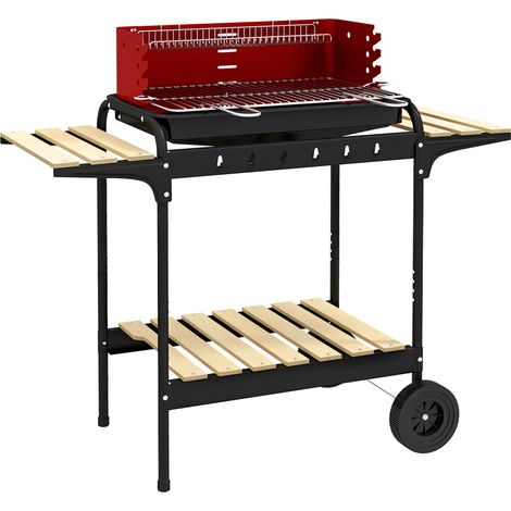 Barbecue a Carbonella con Griglia Regolabile e 3 Ripiani in Metallo Legno, 103x47x95 cm, Rosso