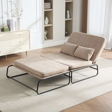 Divano Letto 2 Posti con Tasche Laterali e Cuscino Lombare, Struttura in Metallo, Ciniglia Cachi (1/5)