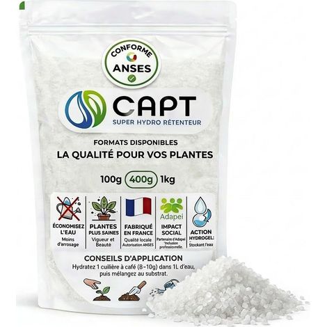 CAPT® Hydro Rétenteur d'eau - Hydrogel Rétenteur d'Eau pour Plantes en Pot - Billes Réserve d'eau, Arrosage Automatique Vacances - Homologuée ANSES - 400g