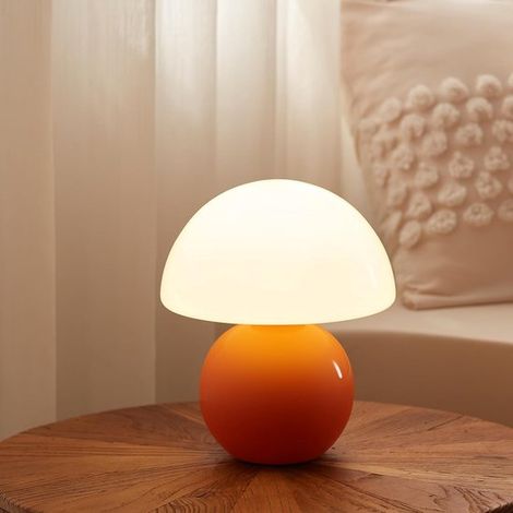 1 Lámpara de cerámica con forma de seta, 19×12×21cm, Lámpara mesa dormitorio, Mini lámpara adorable, Lámpara moderna forma seta, Naranja, blanco (1/5)