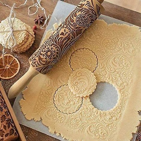 Rouleau à pâtisserie en bois gravé pour biscuits de Noël, outil de cuisine à motif en relief, décor de gâteau embossé, lot de 1 (1/4)