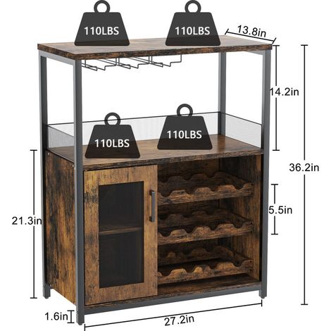 Wine Bar Cabinet, Modern 3-Tier Bar Cabinet with Removable Wine Rack & Mesh Door - Adjustable Shelves, Waterproof Surfaces, for Kitchen, Dining Room or Living Room