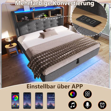 Lit suspendu en lin gris 140x200 cm avec bande LED, rangement hydraulique, compartiments, ports USB et Type-C, sans matelas