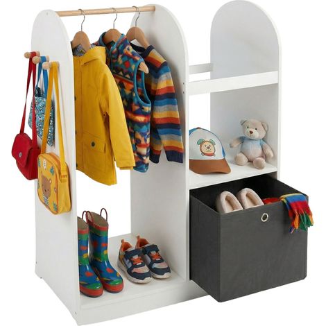 Relaxdays Kindergarderobe, 3 Haken, Kleiderstange & Aufbewahrungsbox, HxBxT: 108 x 97 x 35 cm, Kinderzimmer, weiß