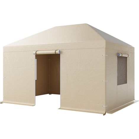 Housse d'hiver pour tonnelle à toit rigide de 3,08 x 4,39 m, résistante aux intempéries, avec parois latérales et fenêtres, en polyéthylène haute densité, servant également d'abri de rangement. Tonnel (1/5)