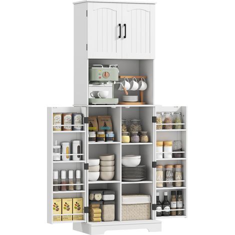 Armario alto de cocina, 4 puertas, encimera, 8 especieros, estantes ajustables, 60x40x181,5 cm, blanco (1/5)