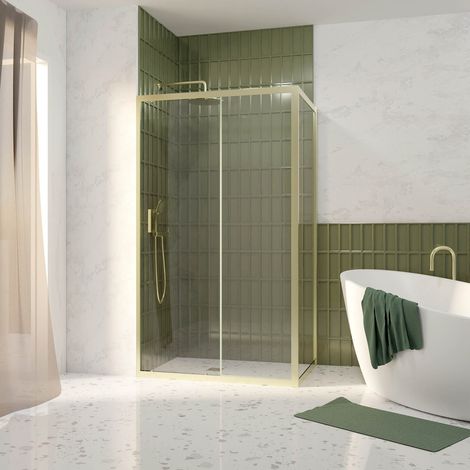 Porta Doccia Scorrevole 120x200cm e Parete Laterale Fissa 80cm - Finitura Oro Spazzolato - Vetro 6mm (1/5)