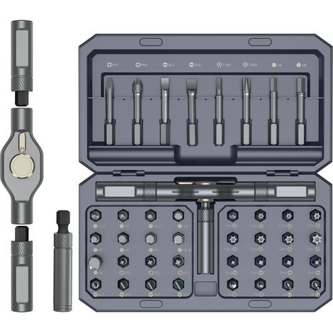 Jeu de Tournevis Précision, 42 en 1 Jeu de Tournevis Magnétiques Multi-Embouts avec 40 Embouts, Poignée à Cliquet en T Amovible, Magnétiseur, Mini Kit d'Outils de Réparation pour Entretien - Gris (1/5)