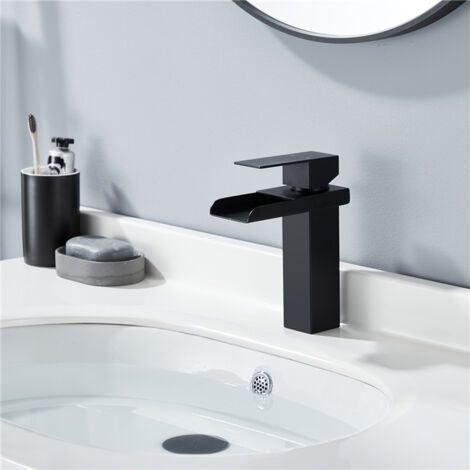Robinet Cascade Noir Mitigeur de Lavabo Monotrou Robinetterie Lave-mains avec Levier Unique en Acier Inox Robinet Salle de Bain
