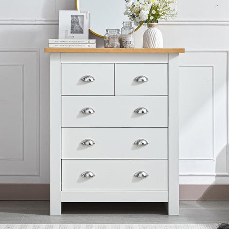 5-Drawer Dresser with Light Wood Top, White Bedroom Storage Chest, Silver Handles, W79cm (1/4)