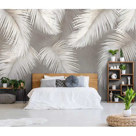 Fototapete Blätter Hängend Federn Beton, für Wohnzimmer und Schlafzimmer, 150 x 105 cm – Komplettset inkl. Kleister & Anleitung (1/5)