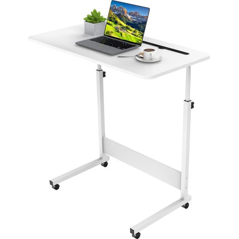 Haloyo® Bureau d'Ordinateur Mobile Réglable en Hauteur avec Roulettes, Bureau table, Table à Plateau Large pour Télétravail, 80x40x69-89cm, blanc (1/5)