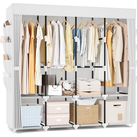 Armoire Chambre en Tissu, Grande Penderie Tissu avec 4 Barres de Suspension, 4 Rangements et 8 Poches, Armoire Vetement avec Housse, Garde Robe Adulte pour Dressing Chambre Blanc (1/5)
