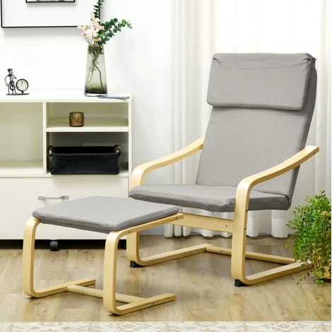 Set sillón lounge con reposapiés 66.5x80x99 cm gris claro lino con reposacabezas y reposabrazos (1/5)
