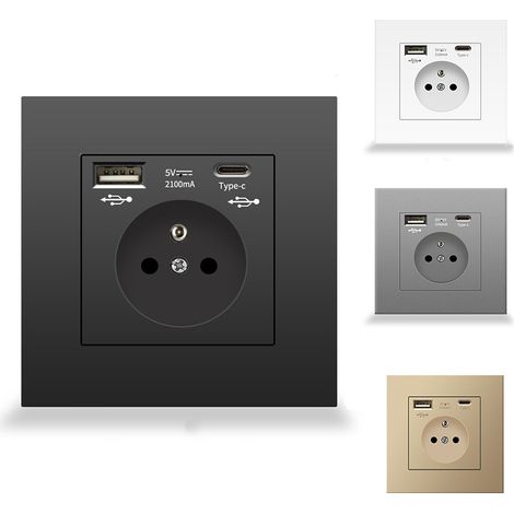 Prise murale française avec ports USB et Type-C, Prise de courant encastrable – Double prise avec chargeur rapide – Protection anti-surchauffe – Idéale pour bureau à domicile, chambre, salon (1/5)