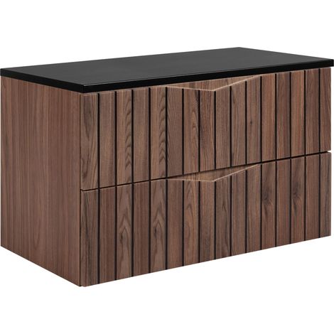 Meuble de salle de bain sous vasque suspendu avec plan noir STELLA noyer 80 cm façades rainurées
