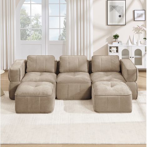 Divano modulare 3 posti con 2 pouf, schiuma 32D e tessuto in poliestere sabbia OKWISH (1/5)