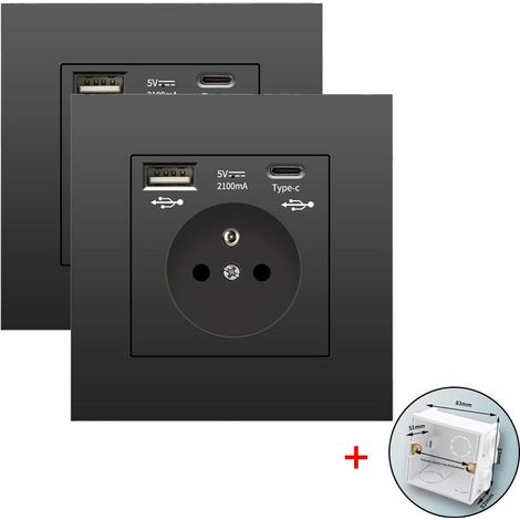 Kaelt - Lot de 2 prises murales avec USB et Type-C, 5 V 2,1 A, norme UE, prise USB encastrée, multiprise avec boîtier de montage, 110-250 V (noir) (1/5)