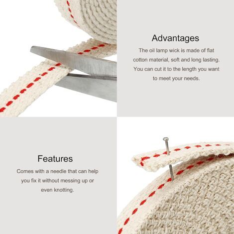 Mèche d'agneau, mèche plate de 500 cm pour lampe à huile, 100 % coton pur, mèche de rechange, 2 cm de large, convient aux lampes à pétrole et aux brûleurs de lampes à huile (blanc). (1/3)