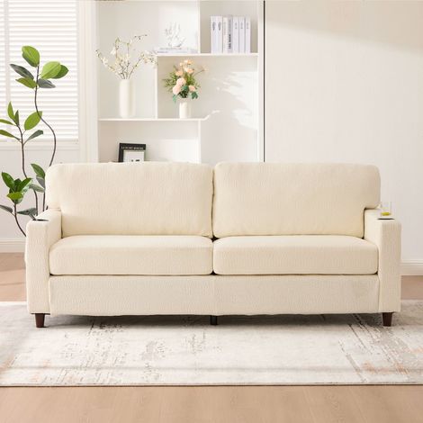Canapé 2 places en chenille avec USB-c, LED, porte-gobelets, et poches latérales, cadre boismétal, beige (1/5)