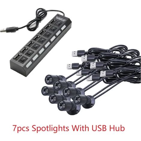 (7 Avec hub USB - 1 W, boîtier noir - FR - 6000 K) MINI Spot LED USB 5 V pour vitrine, garage, maquette de voiture, exposition, décoration de vitrine en verre 1 W 3 W (1/5)